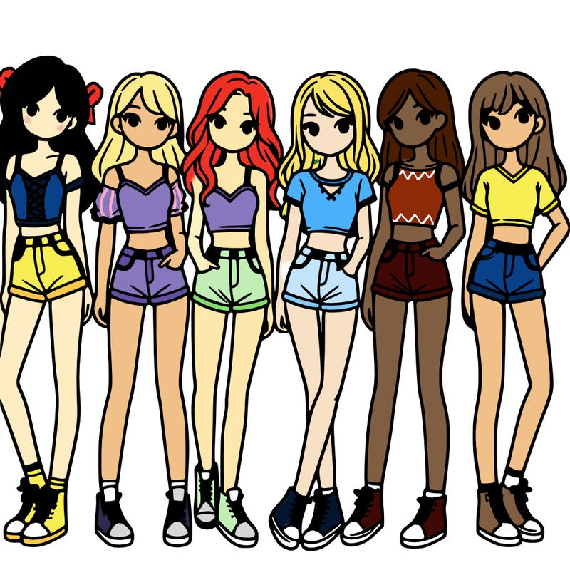 a group of girls wearing crop tops and shorts