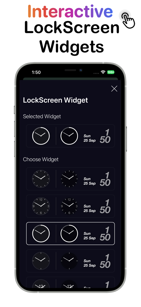 Analog Clock - Desk Widget - iPhone screen displaying a variety of interactive analog clock and date widget styles for the lock screen.