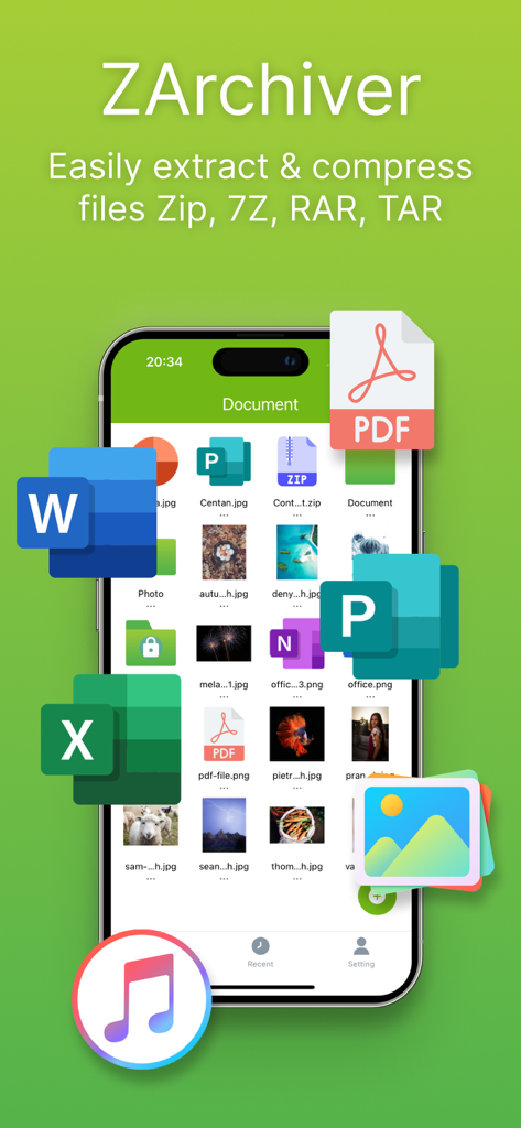 ZArchiver: UnZip, UnRar, 7Z - Interface do aplicativo ZArchiver mostrando recursos de extração e compressão de arquivos para Zip 7Z RAR e TAR em uma tela de smartphone