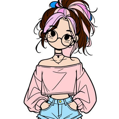 girl with a messy ponytail glasses a baggy crop top and jean shorts