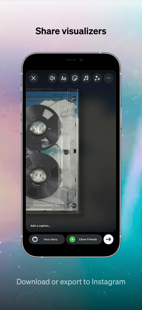 Baton - Unreleased Music - Instagram 스토리에 내보낼 준비가 된 카세트 테이프 음악 비주얼라이저를 보여주는 Baton 앱 인터페이스