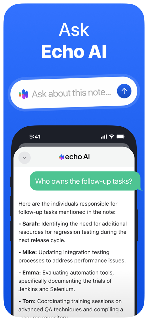 Echo – AI Meeting Note Taker - Interface of Echo AI answering a user question about meeting follow-up tasks.