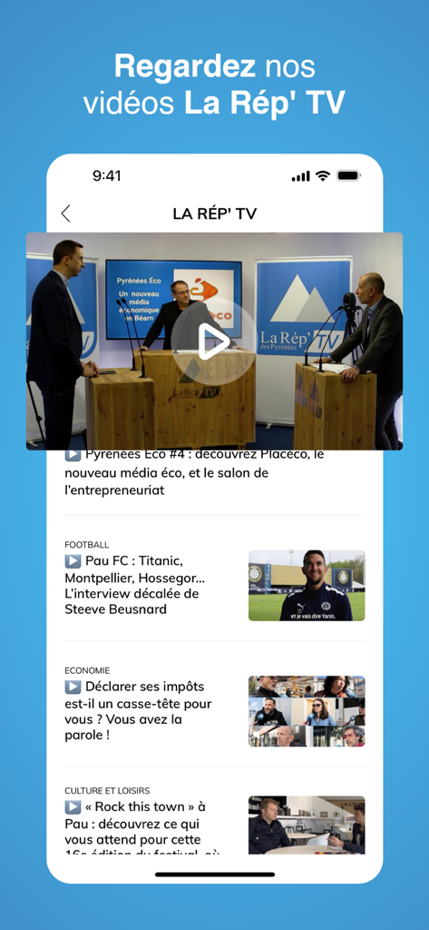 La République des Pyrénées - Mobile app interface of La Rép TV news section featuring video reports on local topics like football, economy, and culture in the Béarn region.