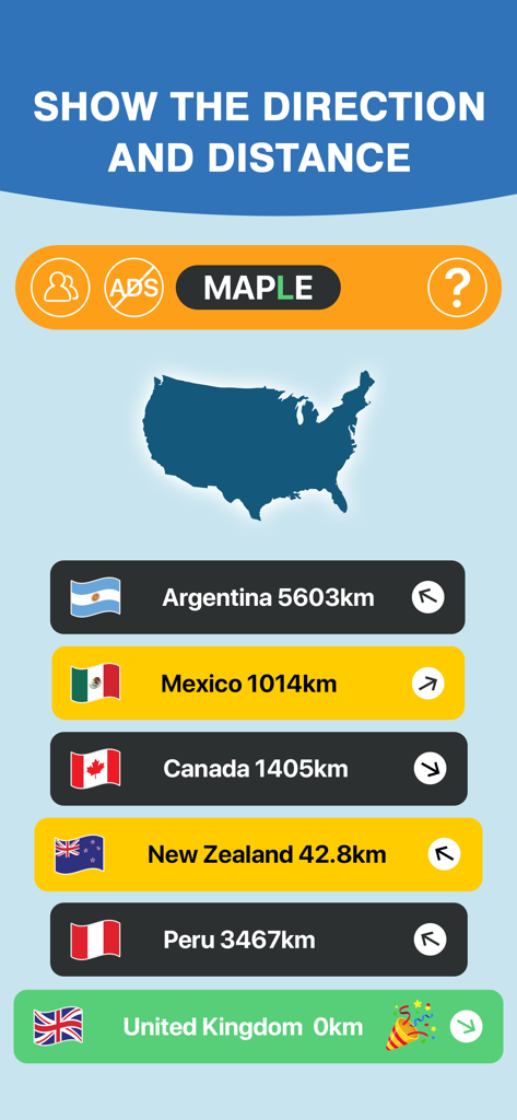Maple: Worldle Country Guess - Maple Worldle game interface showing a country shape silhouette and geography guesses with distance and direction clues.