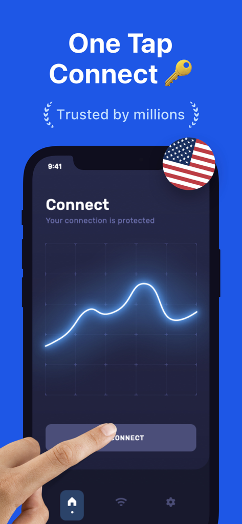 Un'interfaccia mobile dell'app Super VPN con un pulsante di connessione a un tocco e un grafico della velocità di connessione su un iPhone.