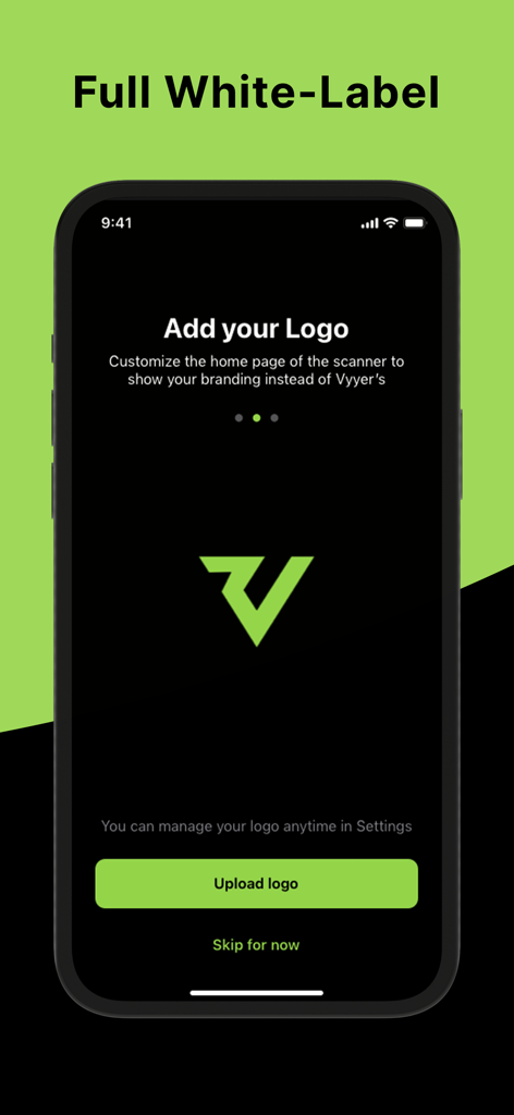 Vyyer ID Scan app white label feature interface for uploading custom business logos