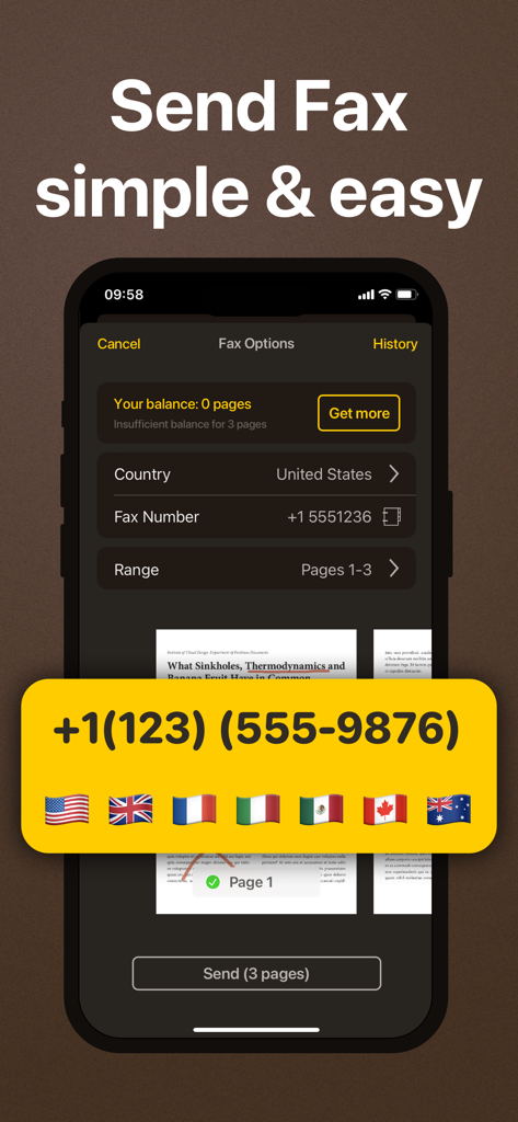 国と番号選択オプションが表示されたMy Scansアプリのファックス送信機能を示すスマートフォンの画面。