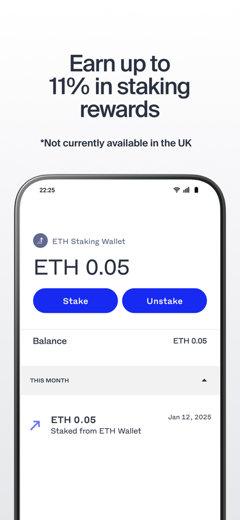 Luno App-Oberfläche, die eine Ethereum-Staking-Wallet mit Guthaben und einer Werbeaktion für Staking-Belohnungen anzeigt