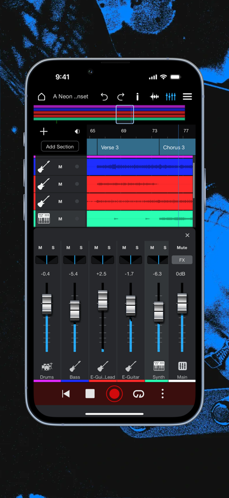 Fender Studio: Jam & Record - Multi-track recording and mixing interface in the Fender Studio mobile app