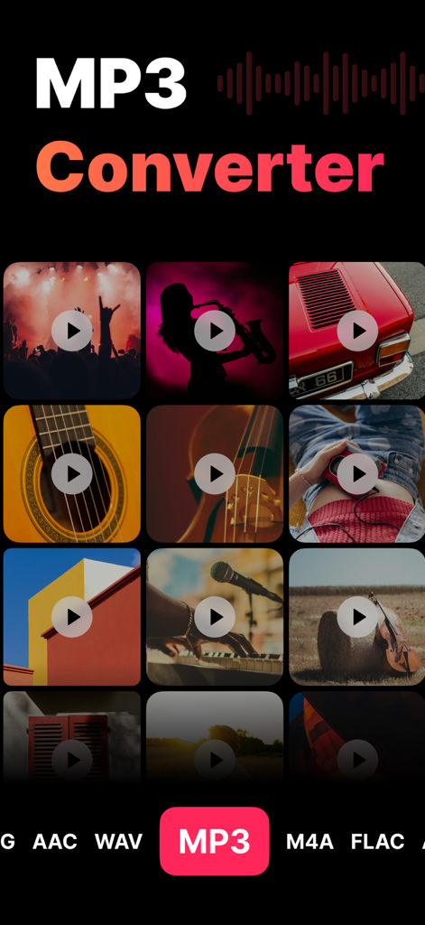 Video To Mp3 Converter - Media - Screenshot of Video to Mp3 Converter app displaying a video selection grid and audio format options including MP3 AAC and WAV