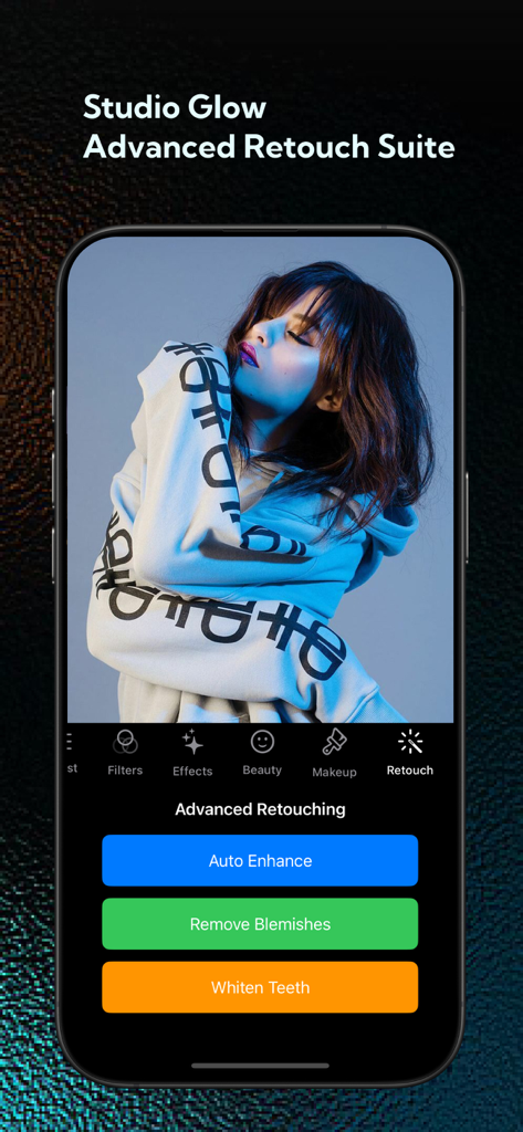AI Photos Editor+ - AI Photos Editor plus app interface showing advanced retouch tools for skin and teeth