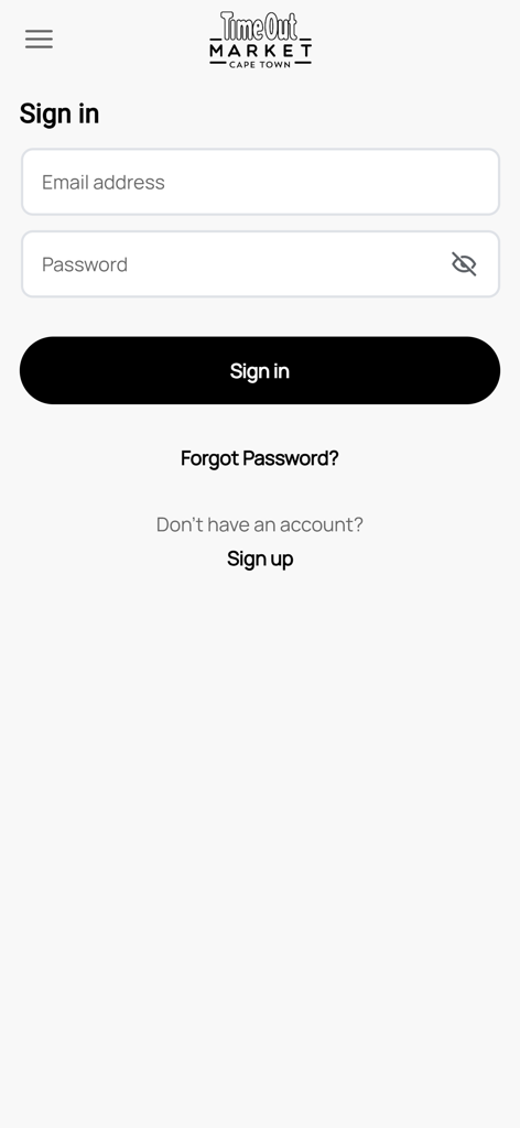 Cape Town Time Out Market - Pantalla de inicio de sesión para la aplicación Time Out Market Cape Town que muestra campos de entrada de correo electrónico y contraseña.