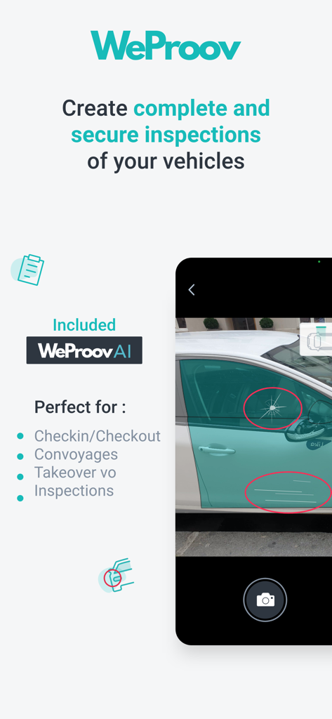WeProov - Car Inspection - Un smartphone montrant l'application WeProov détectant un dommage sur une voiture à l'aide de la technologie IA