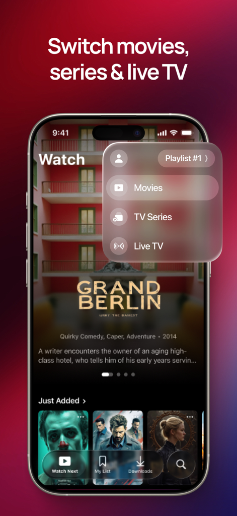 IPTV Plus - IPTV Plus app on iPhone showing a menu to switch between movies, series and live TV