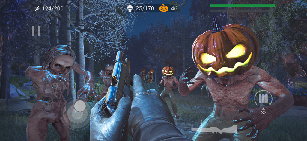First person perspective of a player shooting pumpkin headed zombies in a forest at night