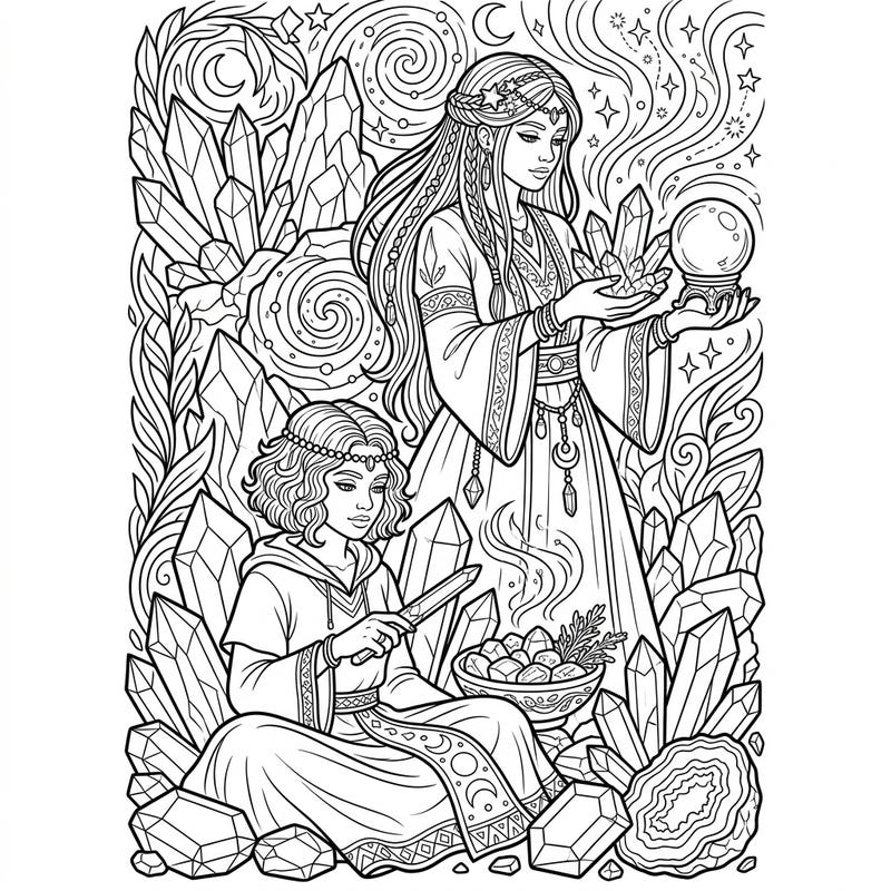 Unleash your inner sorceress with this captivating Crystal Witches bookmark coloring page. Featuring two enchanting witches immersed in their crystalline magic, it's an ideal creative escape.