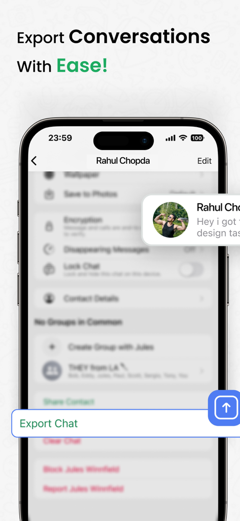 WT Backup and Restore app interface showing the easy chat export feature on an iPhone