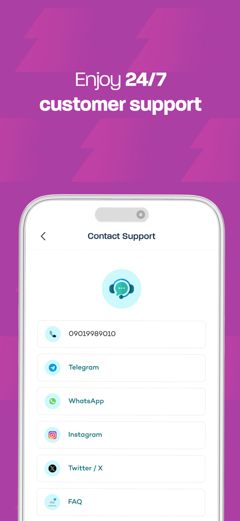 A mobile interface for Breet app showing 24/7 customer support contact options including WhatsApp Telegram and social media