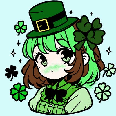 a manga-style girl with clovers around her, a little hat in her hair, like it's saint patrick's day