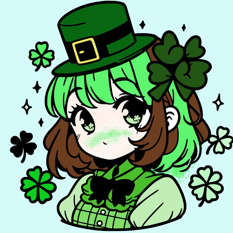 a manga-style girl with clovers around her, a little hat in her hair, like it's saint patrick's day