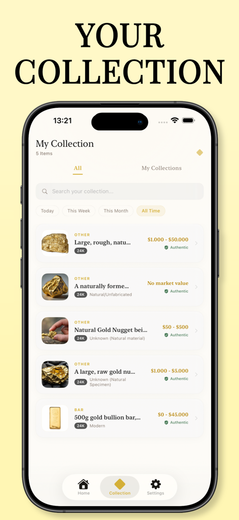 Gold Scanner - Smartphone screen showing the Gold Scanner app's collection feature with authenticated gold nuggets and bullion bars including their estimated market values.