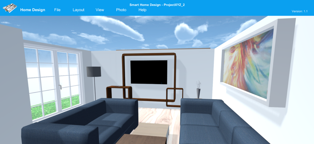 Smart Home Design 3D - Un diseño de interior 3D de una sala de estar que presenta sofás azules y una pared de TV moderna.