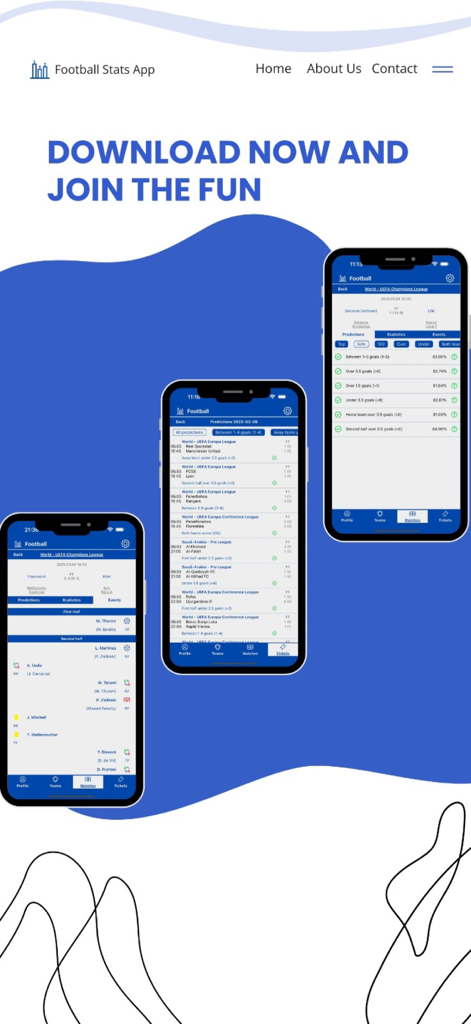 Football Stats - Predictions - Three mobile screens displaying football statistics and betting predictions