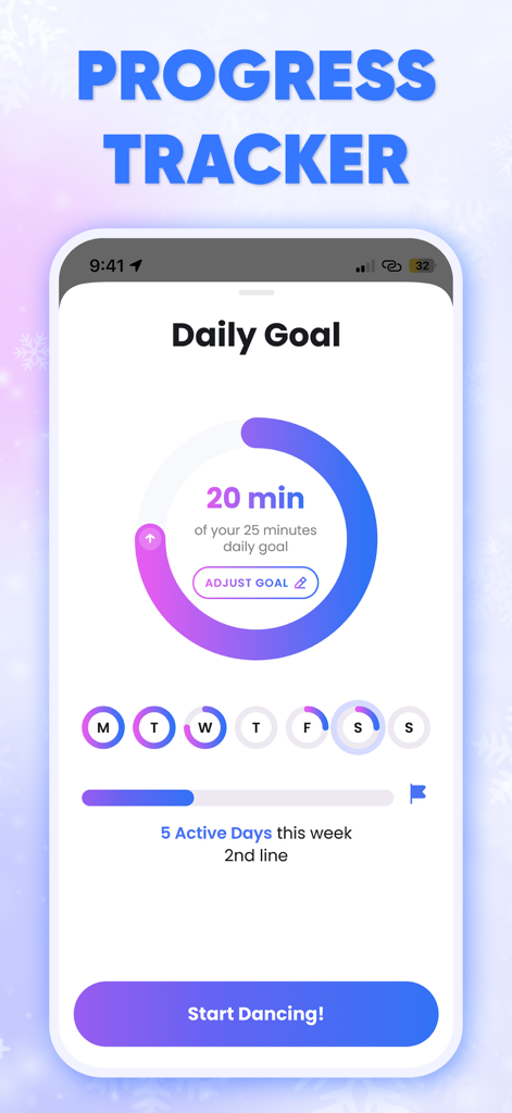 Screenshot of the Dancebit app progress tracker displaying daily dance workout goals.