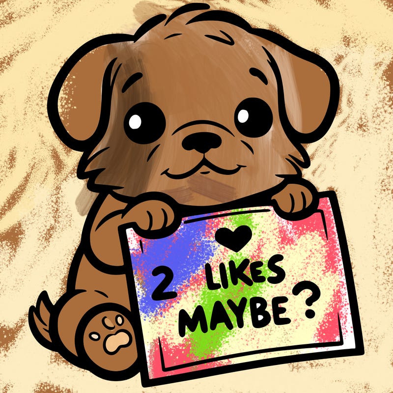 a puppy holding a sign that says 2 likes maybe?