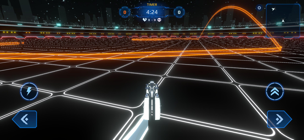 A white neon bike racing on a black grid arena with orange energy trails in the background