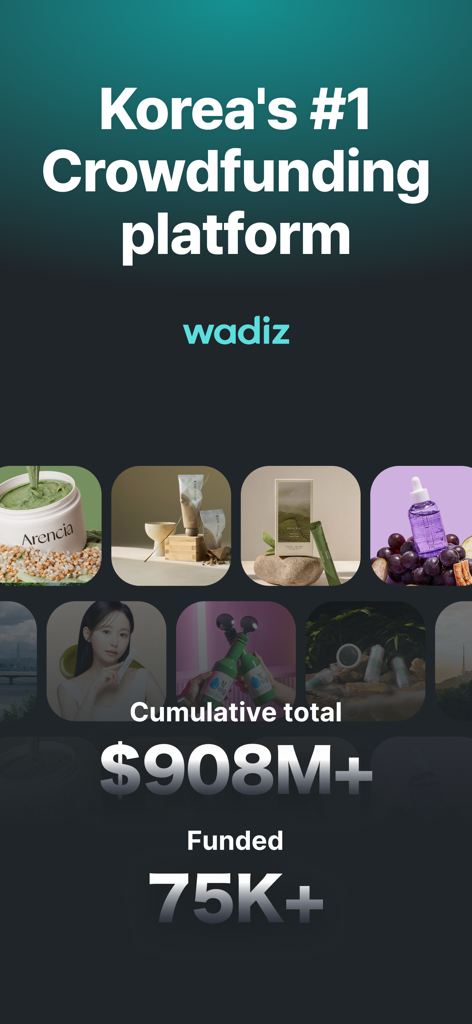 Wadiz app interface showing the platform's total funding of over 908 million dollars and 75 thousand projects.