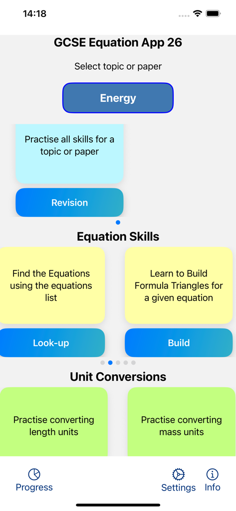 GCSE Equations Physics - The main menu of the GCSE Physics Equations app showing revision options and formula building tools.