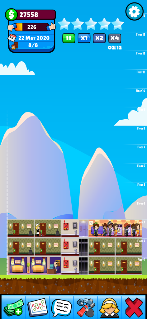 Gameplay de Theme Hotel Tycoon mostrando huéspedes haciendo cola y gestionando múltiples pisos de hotel.