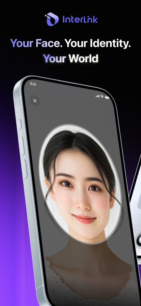 InterLink Network mobile app screen showing biometric face recognition for secure identity verification