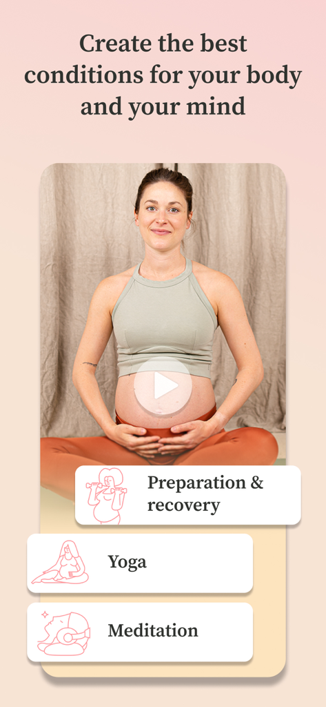Una mujer embarazada se sienta con las piernas cruzadas con opciones del menú de la aplicación para yoga y meditación