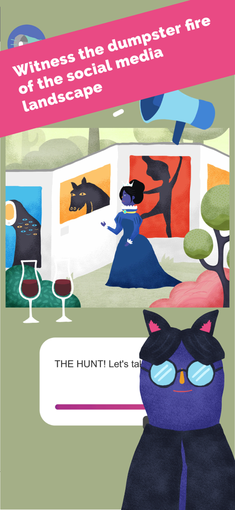 Subscribe to My Adventure - A satirical scene from the game showing a character in an art gallery and a blue avatar commenting on the social media landscape