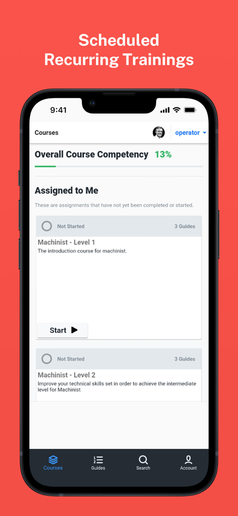 Dozuki - Dozuki app interface showing assigned industrial training courses and overall competency percentage.