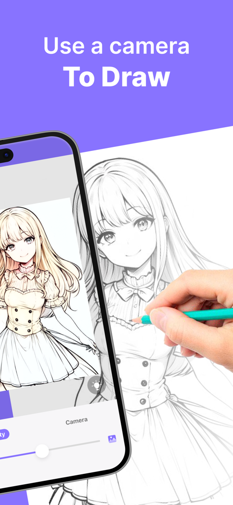 Una mano calca un personaje de anime sobre papel usando la aplicación AR Drawing en un smartphone