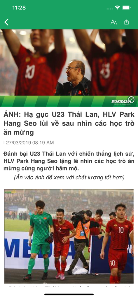 Bong da 24h - Bong da 24h App-Bildschirm mit einem Sportnachrichtenartikel über den Sieg des vietnamesischen U23-Fußballteams