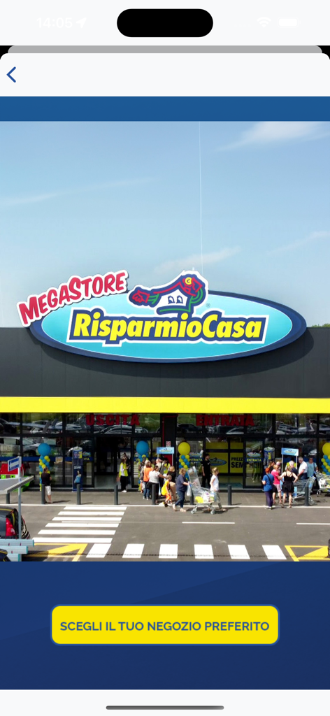 Schermata del localizzatore negozi dell'app Risparmio Casa con immagine della facciata del negozio