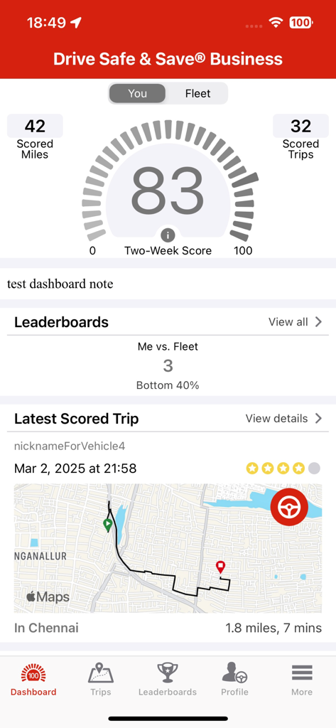 State Farm Drive Safe and Save Business app interface showing a driving score of 83 and a recent trip map