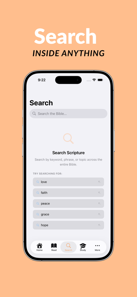 Bible App For Everyone - Search screen of the Bible App For Everyone showing suggested topics like love and peace on an iPhone.