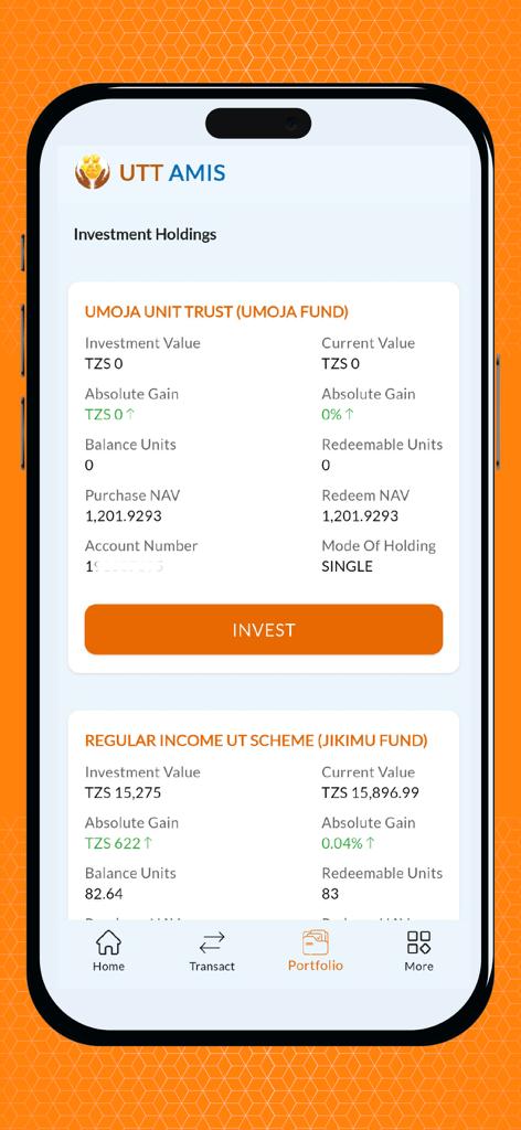 UTT AMIS - UTT AMIS app interface displaying investment holdings and portfolio details for Tanzanian funds