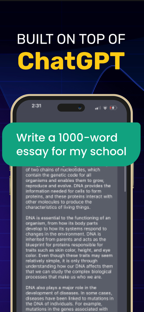 Chat AI - Ask Anything - Chat AI App-Oberfläche zeigt einen Schulaufsatz, der mit ChatGPT-Technologie geschrieben wird
