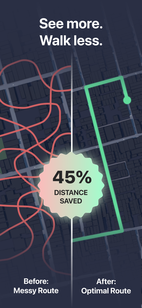 Comparison showing 45 percent distance saved with optimized travel routes in ikisaki app