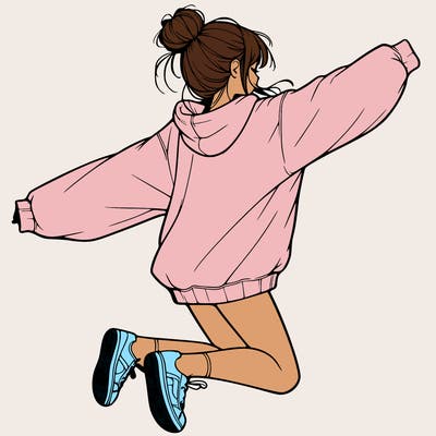 realistic girl jumping with a bun and oversized sweatshirt