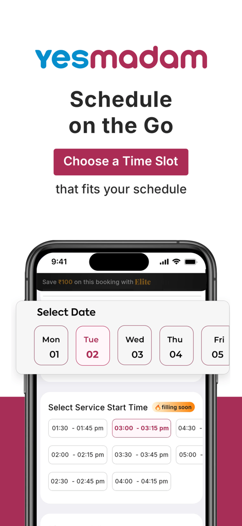 Yes Madam app interface for selecting a service date and time slot