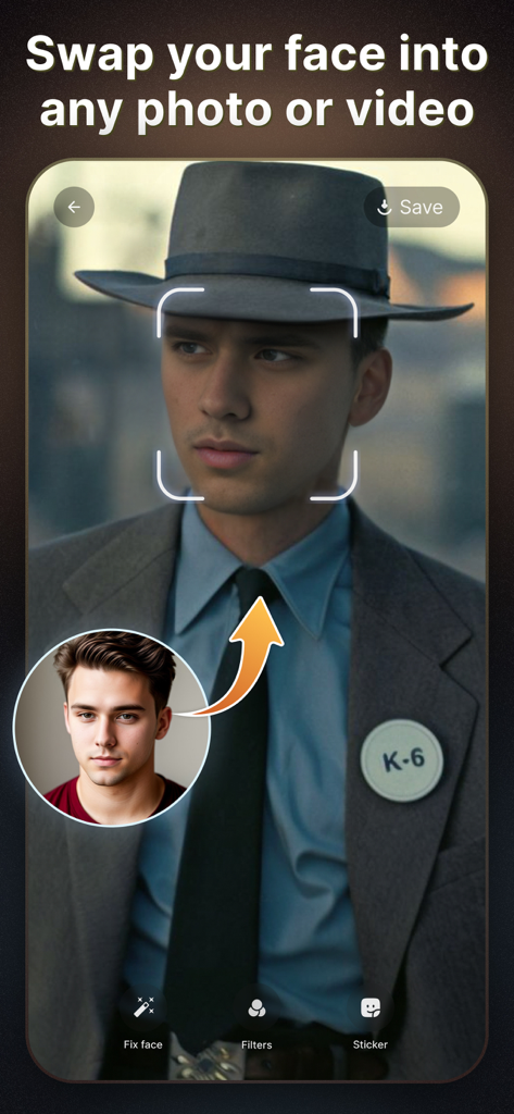 AI Boost app interface demonstrating a face swap feature onto a man wearing a vintage suit and hat