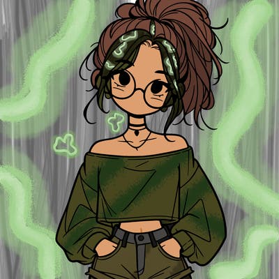 girl with a messy ponytail glasses a baggy crop top and jean shorts