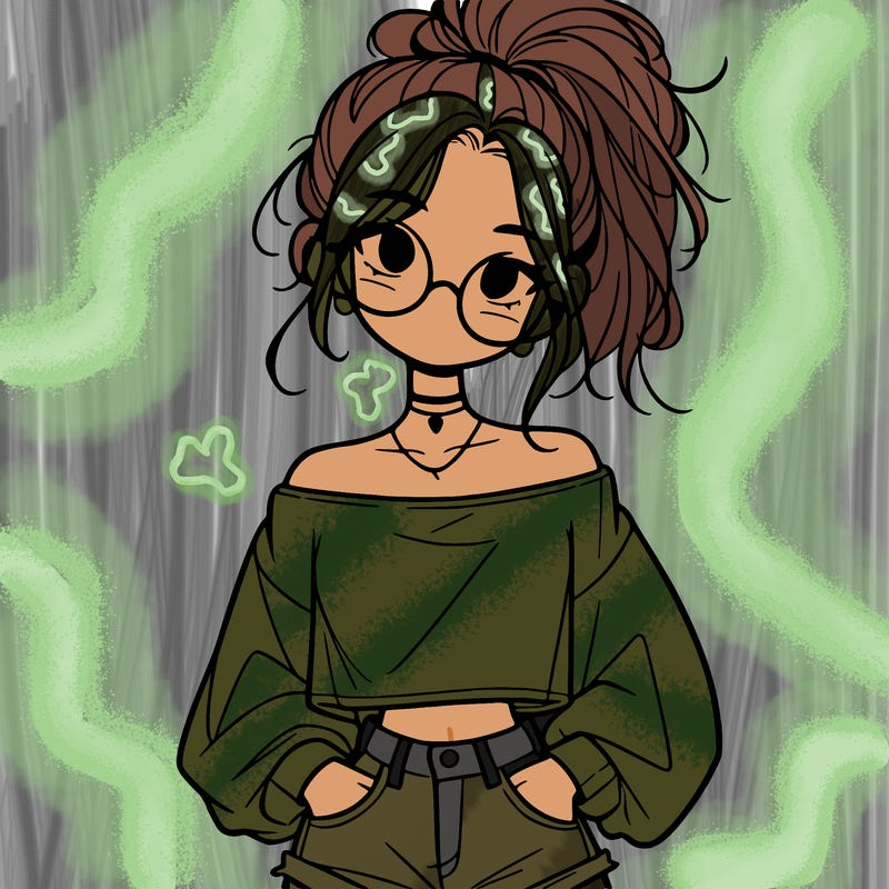 girl with a messy ponytail glasses a baggy crop top and jean shorts